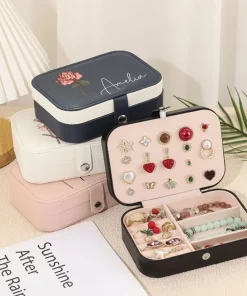 Personalized Birth Flower Leather Travel Jewelry Box with Name