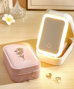 Custom Birth Flower Jewelry Box with LED Makeup Mirror